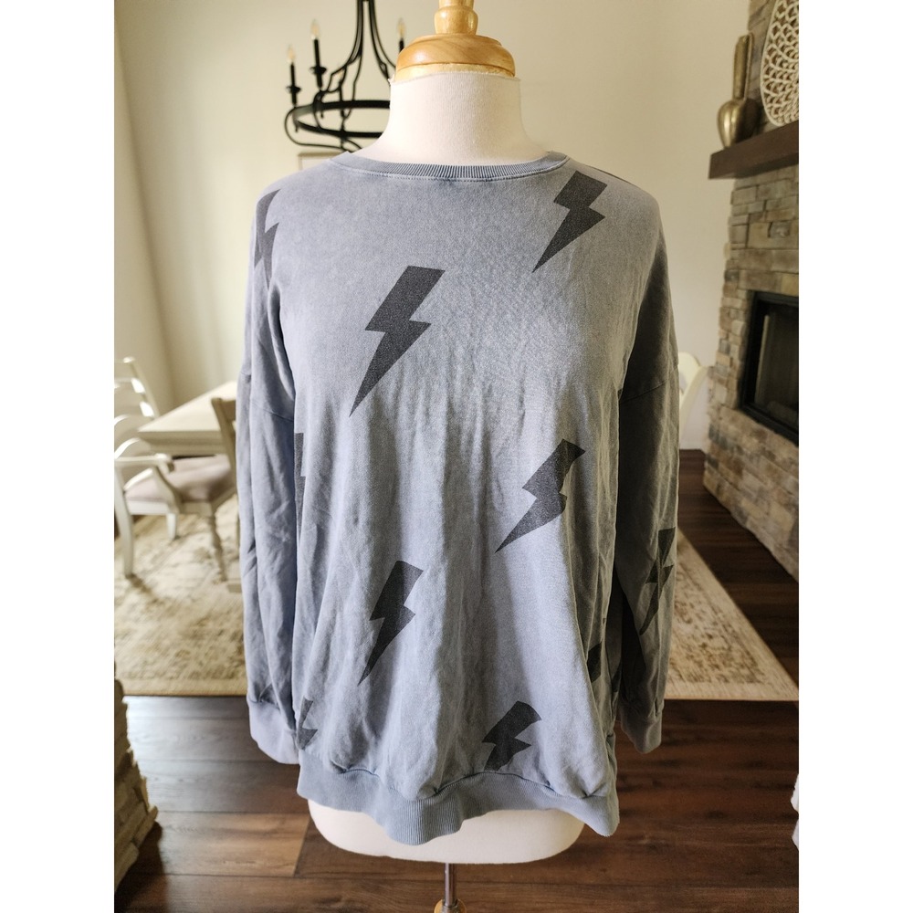 Easel Boutique Lightning Bolt Oversized Sweatshirt Blue Gray Small